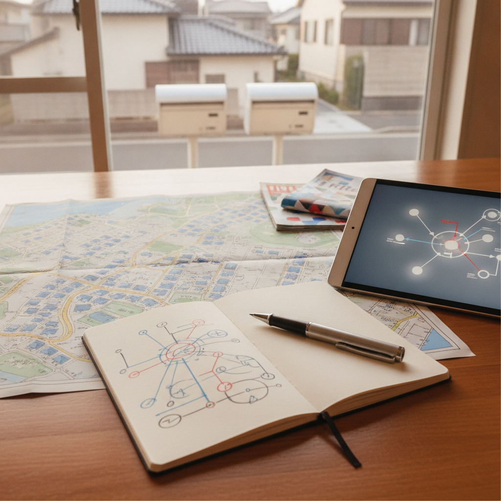 日本の住宅地の地図とノートで商圏分析を準備する様子