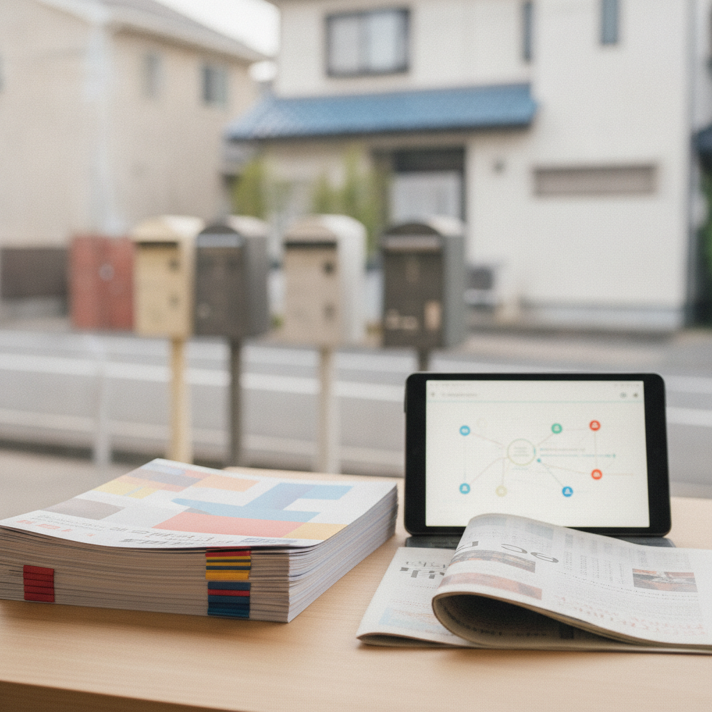 木製のテーブルに積み重ねられたチラシと、ぼやけたWeb画面。