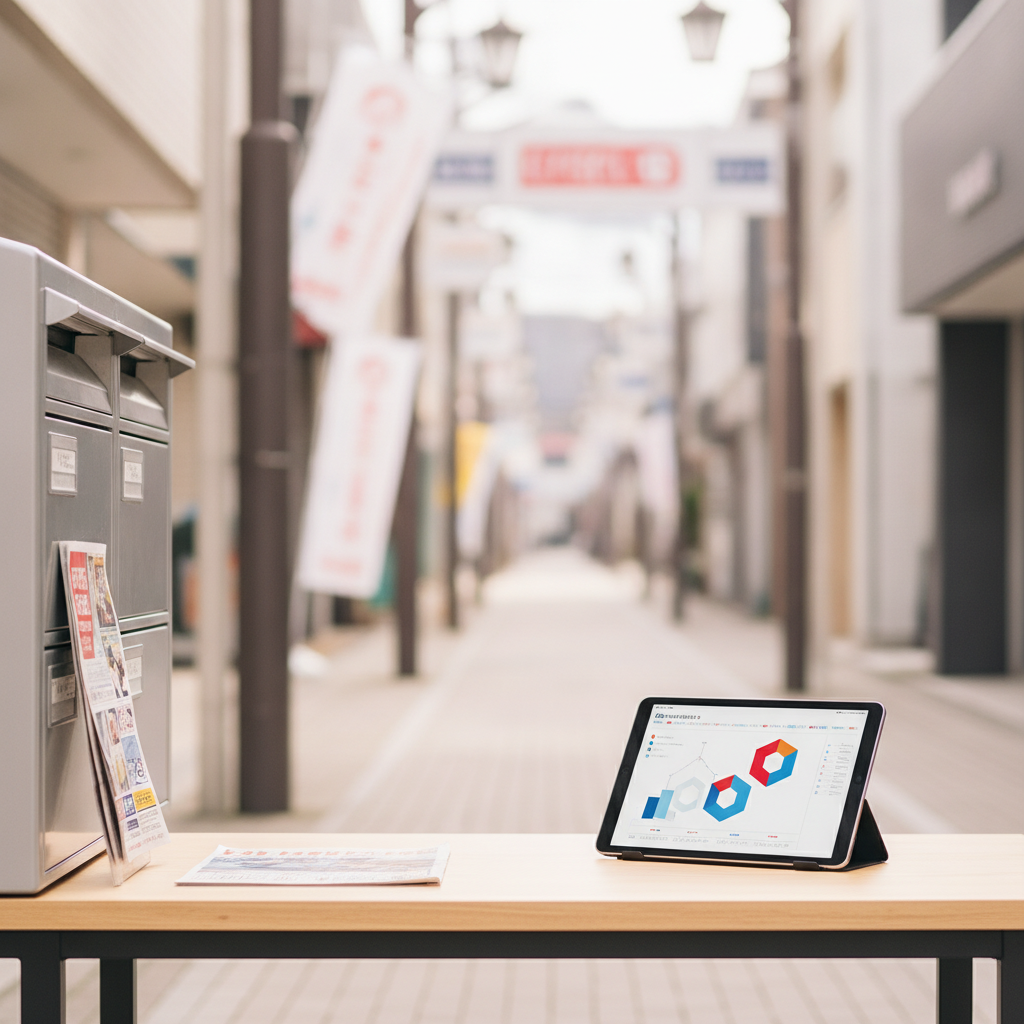 高崎市の地図がうっすら見える机で、タブレットとノートを使い集客計画を立てる様子。