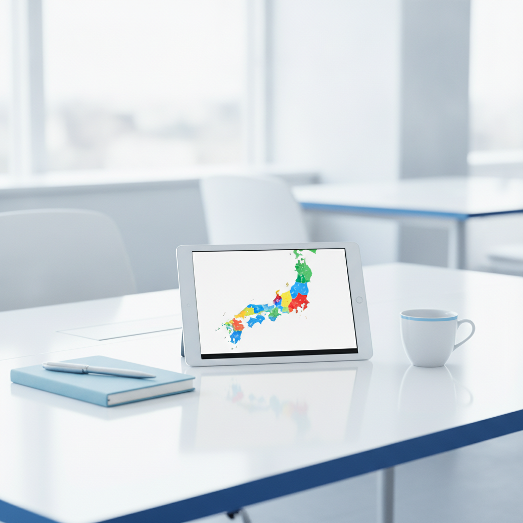 明るいオフィスデスクで、タブレットに抽象的な地域分析データが表示され、ノートとペンが置かれている