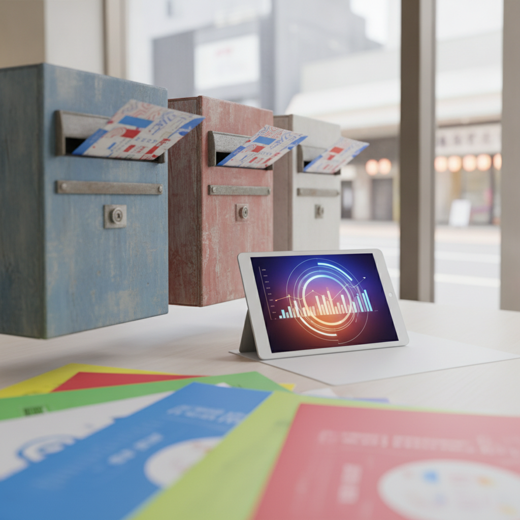 デスクに広がるカラフルなチラシ、フリーペーパー、タブレット画面で、効果的な販促戦略と成果を示唆