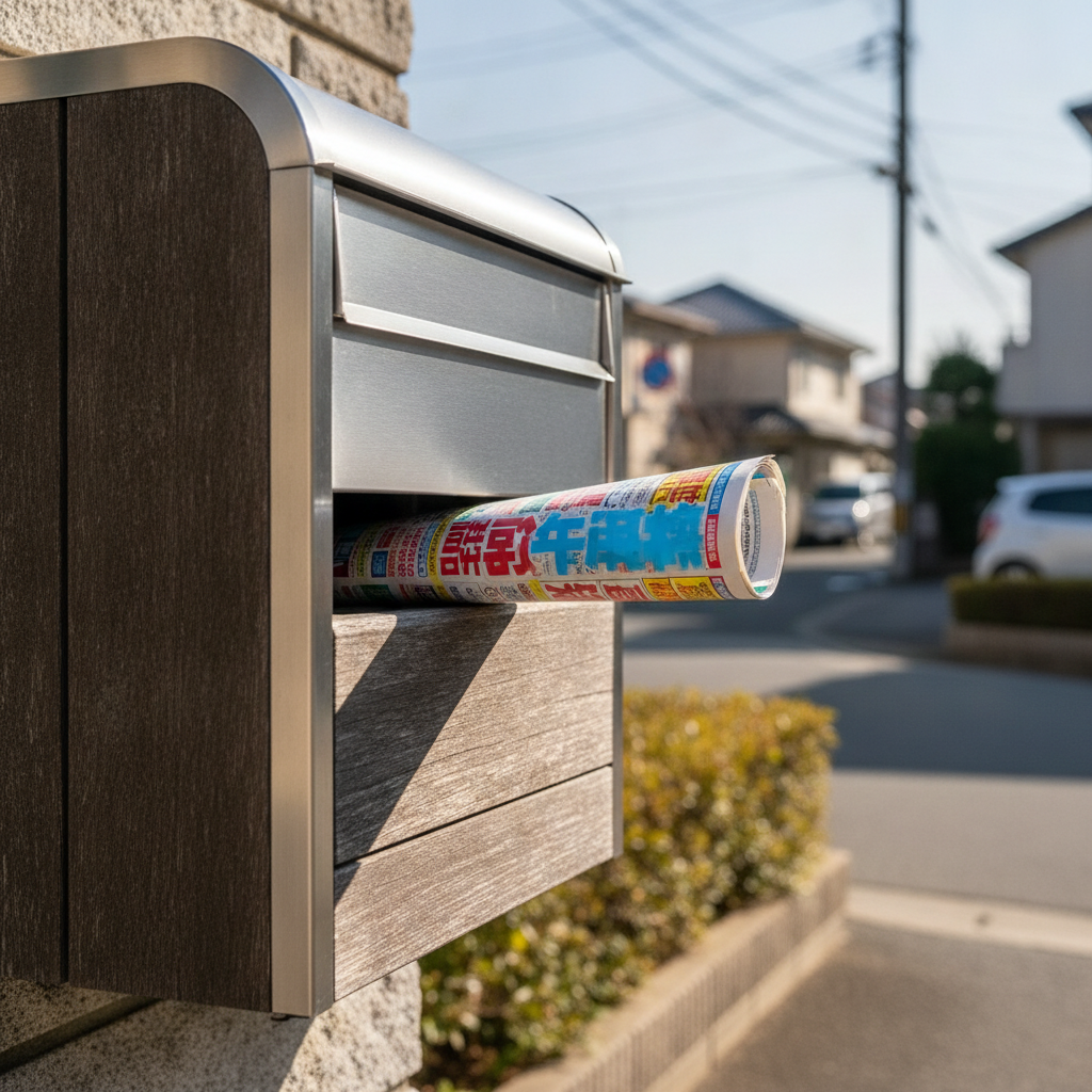 明るい朝の光が当たる郵便受けに置かれたフリーペーパー。