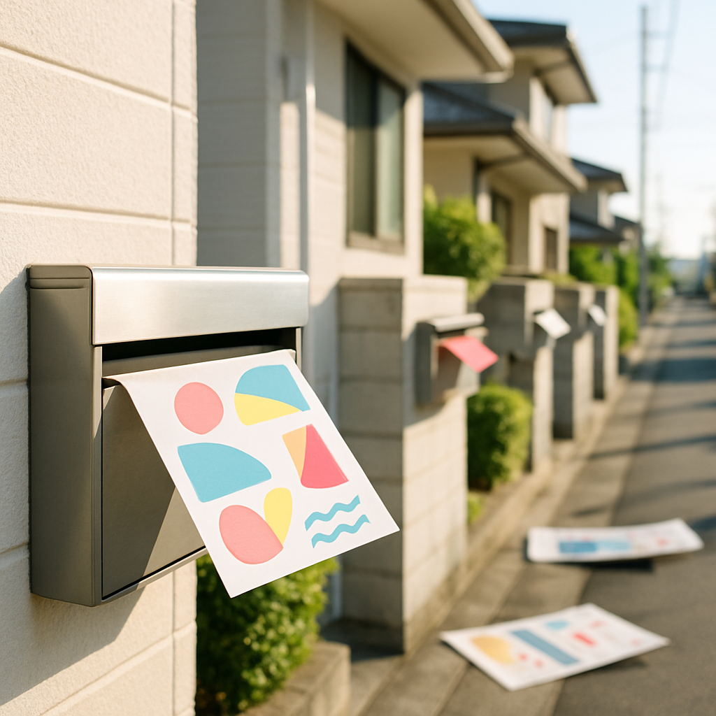 高崎市の住宅街の郵便受けに投函されたフリーペーパーとチラシ。