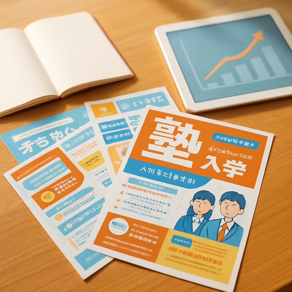 魅力的なデザインの学習塾チラシ（文字は読めない）が並べられた会議テーブル。成果を示すタブレットとノート。